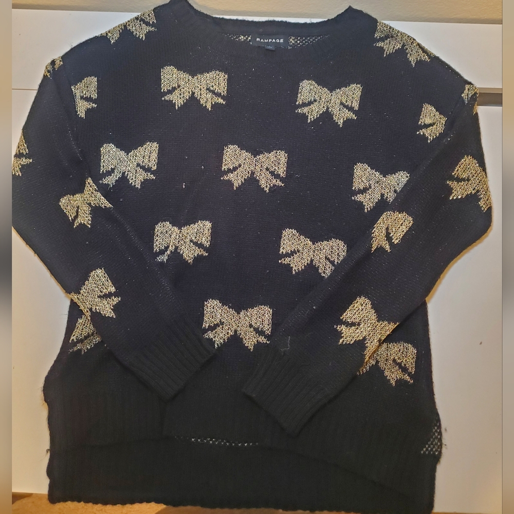 Rampage Black Sweater with Gold Bow Patterns
